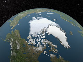 التصور للحد الأدنى للجليد البحري في القطب الشمالي لعام 2012، وهو أقل رقم قياسي مُسجّل.