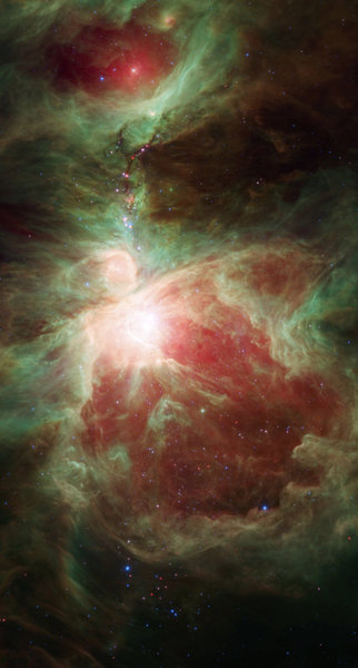 تُظهر هذه الصورة التي التقطها سبيتزر حضانة نجمية نشطة تحتوي على آلاف النجوم اليافعة والنجوم الألوية في كوكبة أوريون. حقوق الصورة: NASA/JPL-Caltech/T. Megeath (University of Toledo, Ohio) via AP المصدر: https://nasainarabic.net/main/articles/view/uoqs