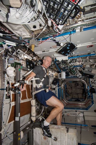 ستيڤن سوانسون مهندس طيران البعثة 39 التابعة لناسا، وهو يمارس التمارين الرياضية في المختبر الأمريكي "ديستني" الموجود على متن محطة الفضاء الدولية. (حقوق الصورة: NASA)