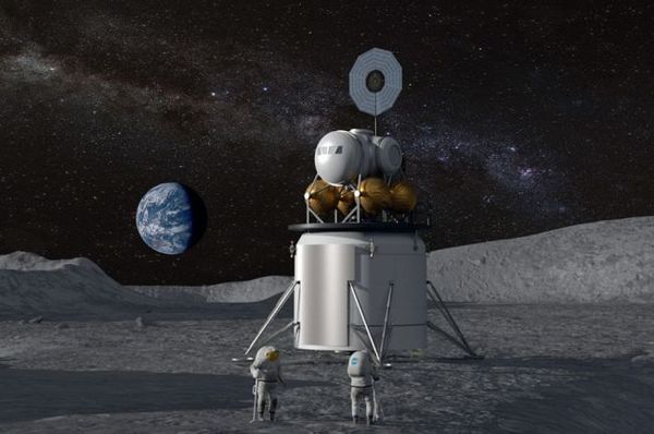 تصور فني عن هبوط مستقبلي على القمر منجز من قبل برنامج أرتميس التابع لناسا. تعمل وكالة الفضاء على إعادة رواد فضاء (بمن فيهم المرأة الأولى) إلى سطح القمر في آفاق 2024 كما أمر البيت الأبيض. (المصدر: ناسا)